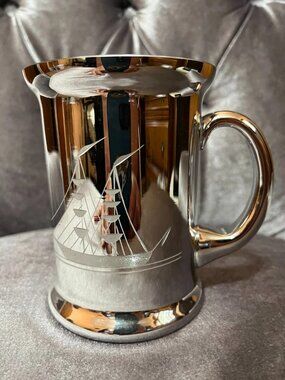 Rare Vintage Mueller Candlelite Hand Blown Silver Mug w/Etched Clipper Ship